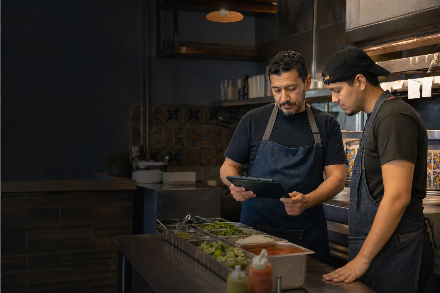Restaurant staff reviewing prep checklist on tablet