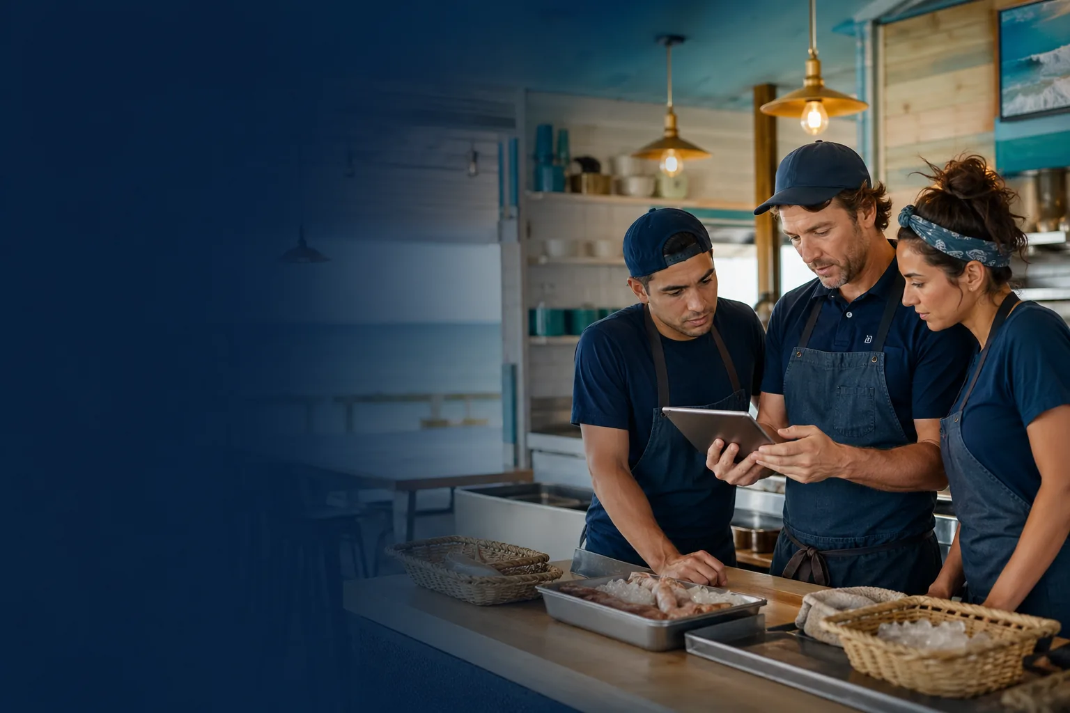 Restaurant team reviewing handoff details